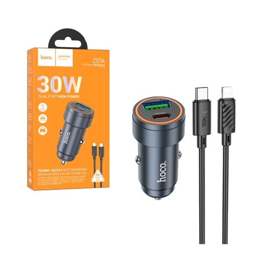 Carregador de Carro Hoco Z57A Glorious 2 Porta USB+Tipo-C 30W com Tipo-C a Lightning 1M Gris Metálico Carregador de Carro Hoco Z57A Glorious 2 Porta USB+Tipo-C 30W com Tipo-C a Lightning 1M Gris Metálico